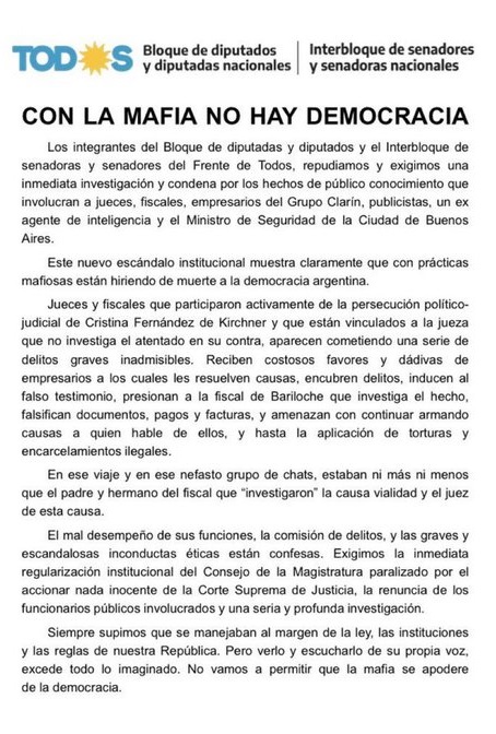 BLOQUE DIPUTADOS E INTERBLOQUE DE SENADORES DEL FdT: 'CON LA MAFIA NO HAY DEMOCRACIA'. Comunicado completo. 