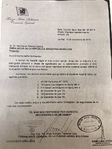 AGUSTÍN ROSSI AFIRMÓ QUE MACRI MIENTE Y PRESENTÓ LA NOTA DE AGRADECIMIENTO POR EL ENVÍO DE ARMAS A BOLIVIA