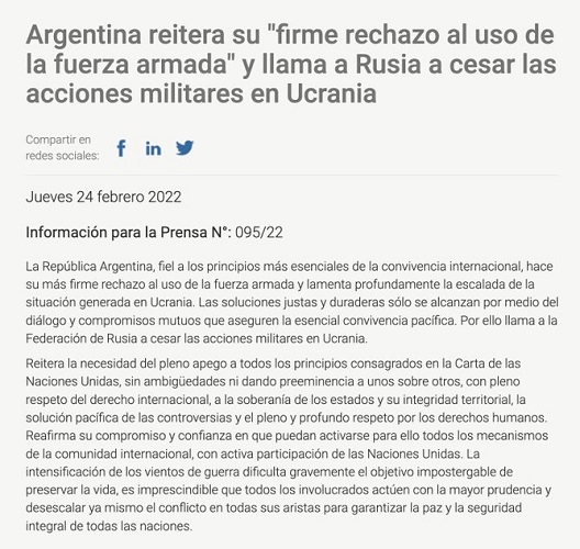ARGENTINA LLAMA A RUSIA A CESAR LAS ACCIONES MILITARES EN UCRANIA